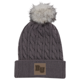 Cable Knit Beanie with Fur Pom | Grey